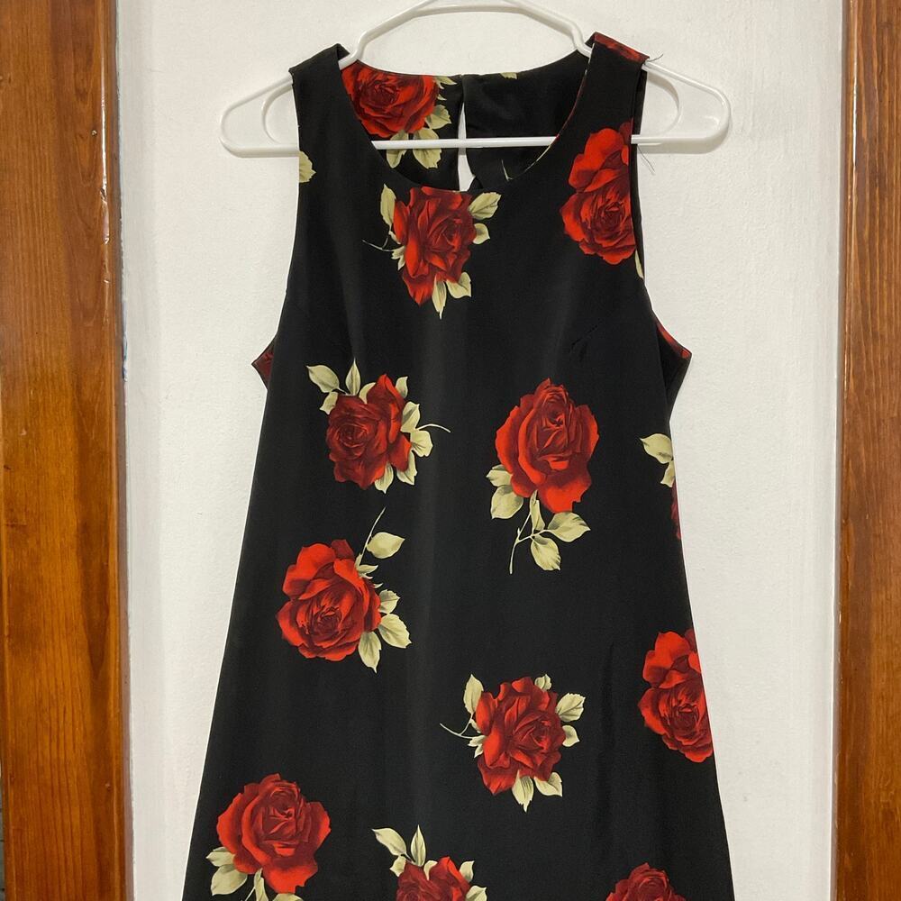 VTG 90s Roses Floral Black Red Sleeveless Mini Dress Lightweight Flowy Sz Medium - Picture 3 of 6